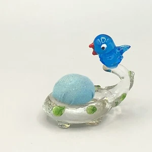 Hand Blown Glass Blue Bird On A Branch Nest Pin Cushion - Picture 1 of 8