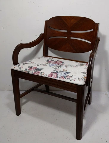 Antique Art Deco Mahogany Wood Ladies Vanity Waterfall Arm Chair Stool Bench Cover