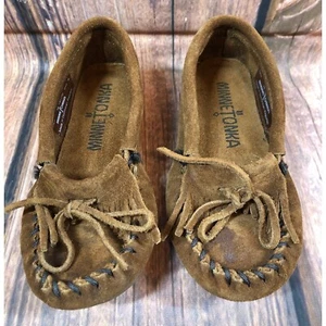 MINNETONKA #2402 Brown Nubuck Leather Fringe Moccasins Girls 10 (10b4) - Picture 1 of 10