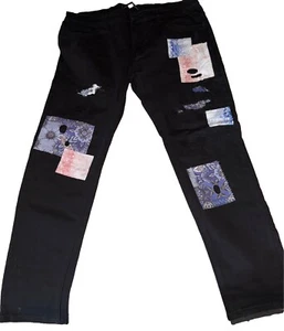 KDNK Men's 40 Black Patched Ripped Skinny Jeans 40x30 MSRP $69.99 - Picture 1 of 4
