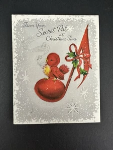 Vintage 60er-70er Jahre Hallmark SECRET PAL Weihnachtskarte beflockter Vogel 10X879-4 NM - Bild 1 von 12