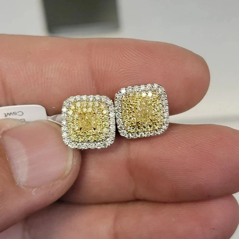 3Ct Lab Created Yellow Citrine Cluster Stud Earrings Gift 14K White Gold Plated - Image 1 of 2