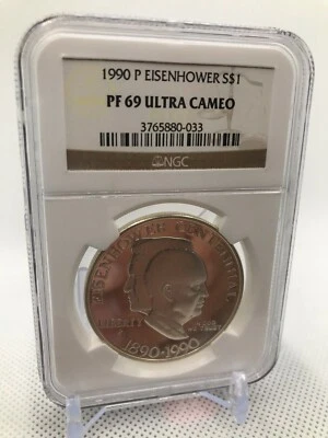 1990 P S1$ EISENHOWER COMMEMORATIVE SILVER DOLLAR NGC PF 69 ULTRA-CAMEO - Image 1 of 3