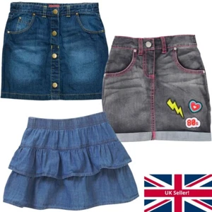 Girls Denim Skirts Ra-Ra Straight Button Through Elasticated Pull On Blue Grey - Picture 1 of 4