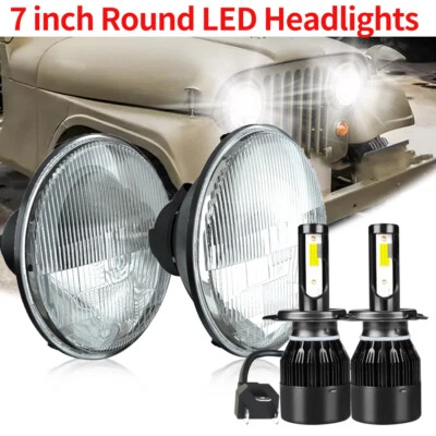 Пара 7-дюймовых круглых хромированных светодиодных фар в корпусе для Jeep CJ5 CJ6 Utility 2-дверные - Изображение 1 из 4