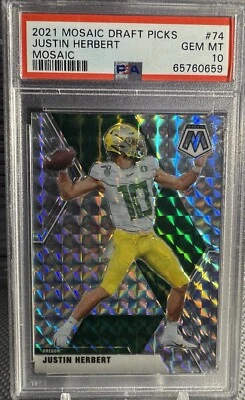 2021 PANINI MOSAIC DRAFT PICKS JUSTIN HERBERT #74 PSA 10 POP 1 - Image 1 of 3