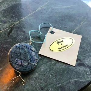 Blue resin engraved Wiccan symbols Arts festival Brooch Gems Of Yesteryear - Picture 1 of 8