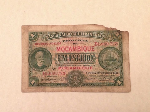 ~ Portuguese Mozambique 1 Escudo 1941 P-81 - FREE US SHIPPING Cover