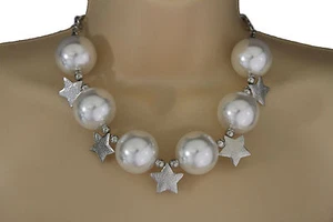 Mujeres Collar Corto de Crema Plata Estrellas de Metal Cuentas Moda Joyería Pendiente - Imagen 1 de 12