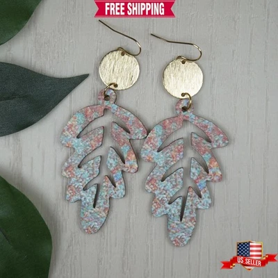 Rustic Multi Color Wood Leaf & Gold Boho Statement Earrings,18K Gold Ear Wires - Image 1 of 4