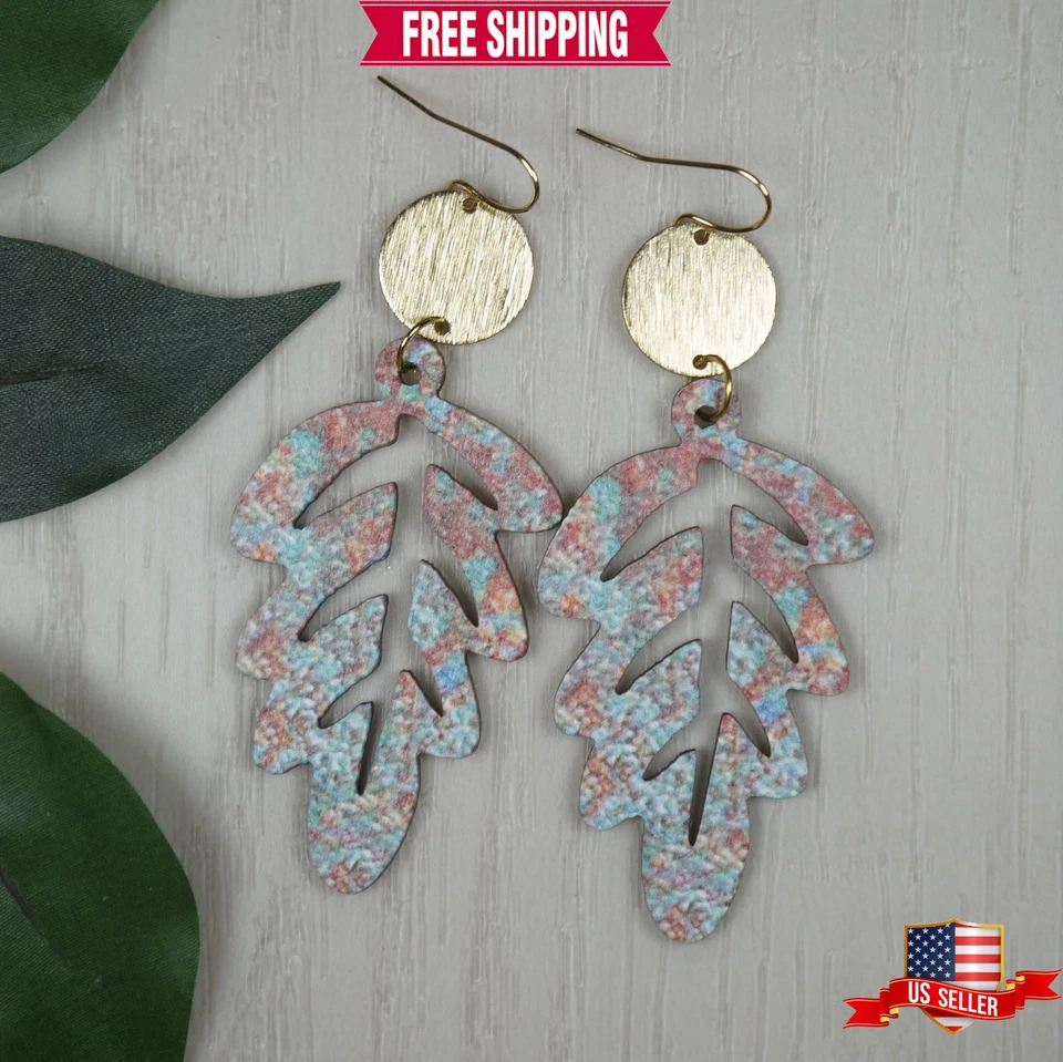 Pendientes Boho Rústicos Multicolor Hoja de Madera y Oro, Alambres para Orejas de Oro 18K Foto 1 de 4