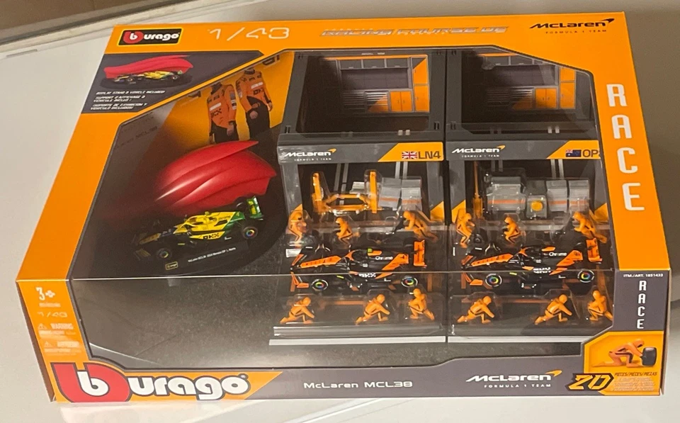 Bburago 1 43 Formula 1 McLaren MCL38 Racing Team 3 Cars Pit Crew Garage 20pc