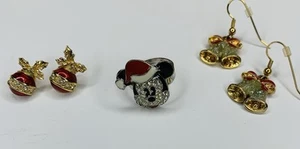 Mickey Mouse Disney Ring Signed Avon Christmas Lot Jingle Bells Holly Earrings - Picture 1 of 7