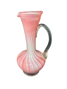 Hand Made Blown Art Glass Pitcher Red White Multicolor Swirl Clear Handle & Base - Picture 1 of 7