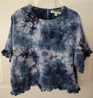 C & C California S Blue Shibori Print Linen Beachy Boxy Crop Top Ruffle trim... - Image 1 of 4