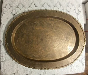 Antique Chinese Hand Made Oval Brass Large Serving Tray Wall Plaque - Picture 1 of 11