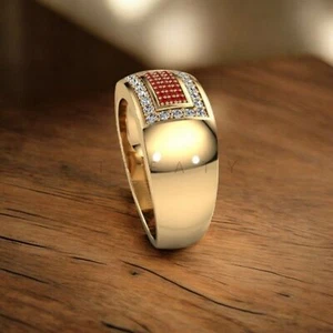Ruby Round Cut With 925 Sterling Silver Gold Plated Ring For Men's #A205 - Picture 1 of 6