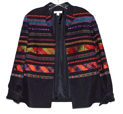 Chaqueta abierta Coldwater Creek Art to Wear negra naranja verde azulado a rayas con cuentas talla 14 Foto 1 de 4