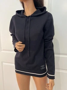 Auth. CHANEL  CC Logo Navy Blue Wool/Cotton Knit Hoodie Pullover Sweater  S/M? - Picture 1 of 12