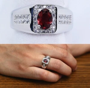 Natural Red Garnet 925 Silver Men Statement Promise January Birthstone Gift Ring - Picture 1 of 6