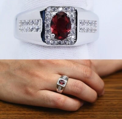 Anillo de regalo de piedra de nacimiento de enero promesa promesa de plata 925 granate rojo natural para hombre Foto 1 de 4