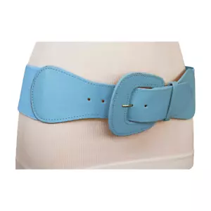Women Light Powder Pastel Pale Blue Elastic Waistband Belt Big Square Buckle S M - Picture 1 of 24
