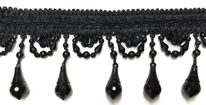 (Sold by The Yard) 4” Tear Drop Beaded Trim Fringe Gimp Top/ BLACK - Picture 1 of 4