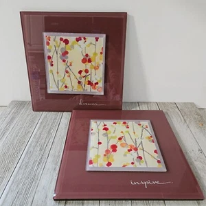 Pair of Dream & Inspire 9" Floral Glass Maroon Edged Wall Art Hangings Home Deco - Picture 1 of 23