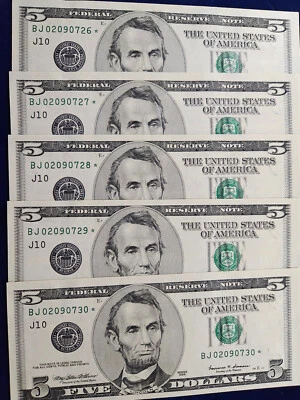 🌟(5) $5 1999 *BJ* Star Federal Reserve Notes Sequential Serial #s UNC - Image 1 of 4
