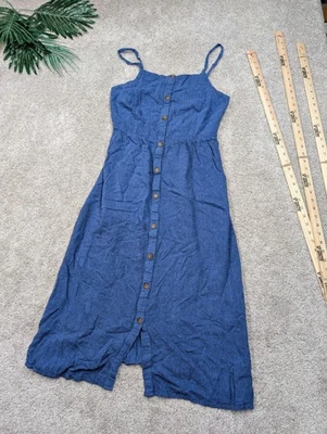 Vestido largo azul marino para mujer grande mezcla de lino con botones delanteros midi solero denim Foto 1 de 4