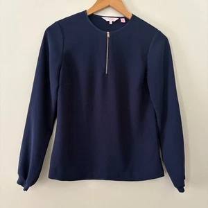Ted Baker Long Sleeve Navy Blouse 3/4 Rose Gold Zipper Ribbed Cuffs Size 1/Small - Picture 1 of 11
