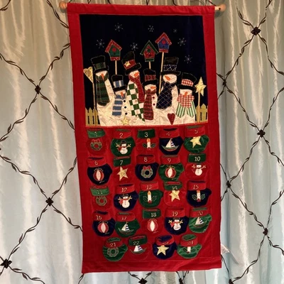 Vtg Christmas Velvet Mitten Snowman Advent Calendar 15x28.5" Wall Hanger Red (e1 - Image 1 of 4