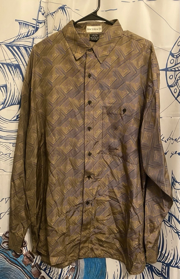 Bachrach Mens Silk Long Sleeve Shirt XL Button Up Geometric Brown Black - Image 1 of 4