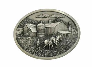 Vintage 1984 Bergamot Brass Works Gürtelschnalle USA Silber Farmer In Field. - Bild 1 von 2