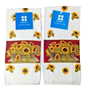 Sunflower Basket Flatband Kitchen Towels 2-Pc Cotton Yellow Green White Gift NEW - Picture 1 of 4
