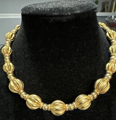 Napier Ribbed Hollow Metal Gold Tone Ball Choker Necklace Vintage Signed - Image 1 of 4