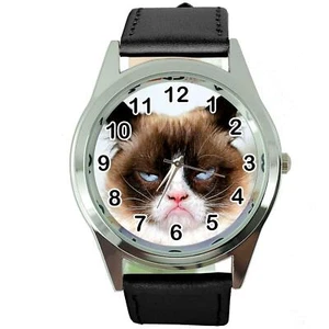 GRUMPY CAT PUSSY BAD DAY MOODY ANGRY KITTEN BLACK LEATHER FUNNY STEEL WATCH - Picture 1 of 3