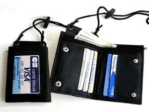 BLACK LEATHER BIFOLD WALLET Lanyard ID Badge Card Holder Zip Neck Strap - Picture 1 of 8