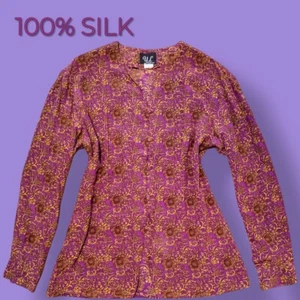YL Gold Printed Long-sleeve Button Front Blouse - L - Picture 1 of 5