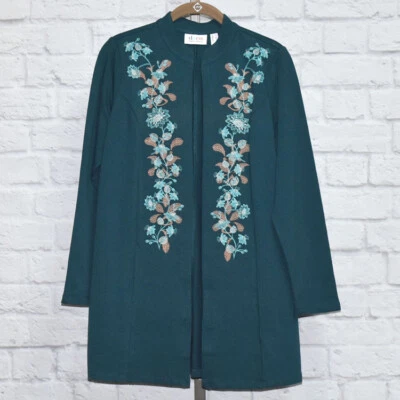 Denim & Co. French Terry Open Front Jacket with Embroidery Sz XS (Fall Teal) - Image 1 of 4