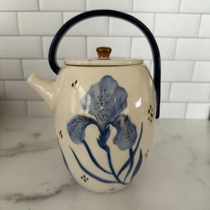 Anthropologie Tile Testo Azure Ceramic Teapot With Blue Iris Design & Gold Knob - Picture 1 of 8