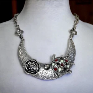 Collar Babero Cuello Vintage Grande Tortuga Rosa Martillado Plata Gargantilla Cadena Boho - Imagen 1 de 5