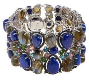 Rarities Sterling Silver Lapis and MultiGemstone Cluster Bracelet-7"-NWT-$1587 - Picture 1 of 6