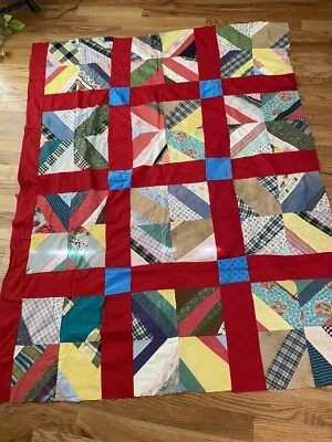 DE COLECCIÓN COLCHA COSIDA TOP 53”x 74” manta sin terminar pequeña linda roja azul Foto 1 de 4