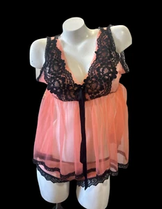 Vintage Baby Doll Sheer Peach With Black Lace Details And Boy Shorts Size XS - Picture 1 of 9