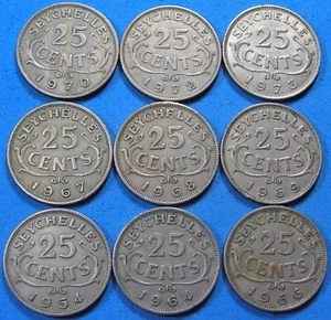 Seychelles Lot of 9 Coins 25 Cents 1954 to 1973 Diff Dates, Combined Shipping - Picture 1 of 2