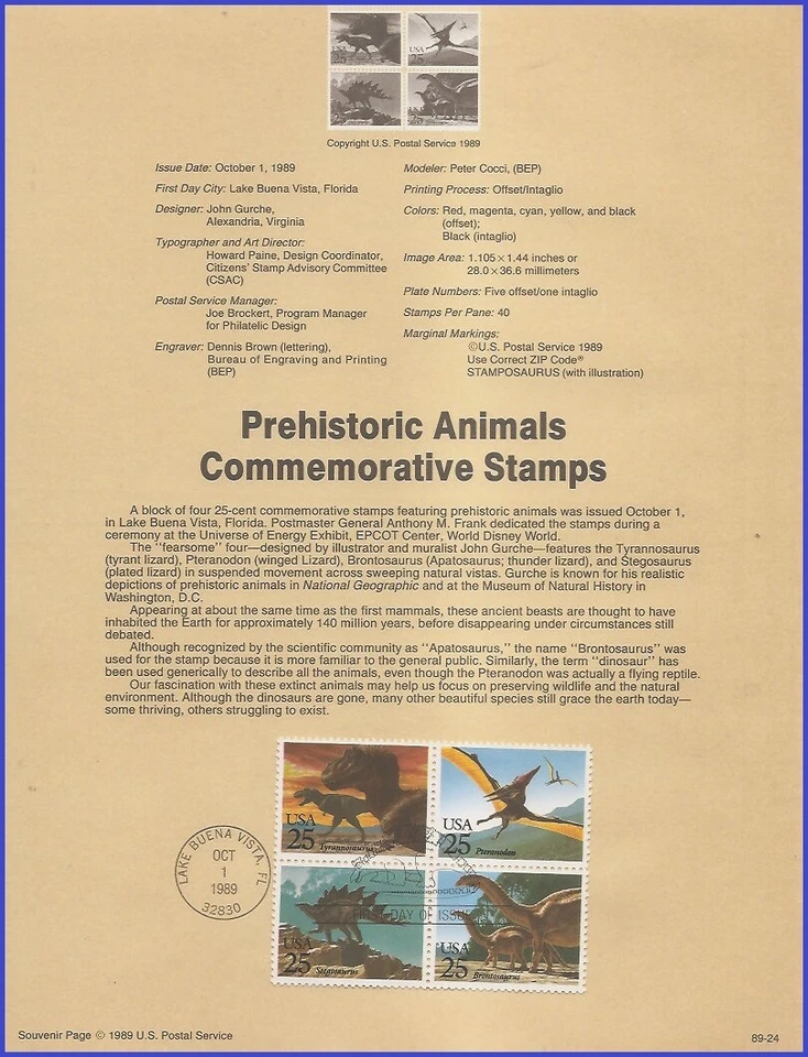 USA2 #2422-25 U/A SOUVENIR PAGE FDC BL4  Dinosaurs - Image 1 of 1