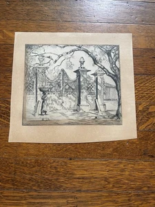 ANTIQUE VINTAGE ETCHING PLATE ELIZABETH O'NEILL VERNER "PINEAPPLE GATES" - Picture 1 of 8