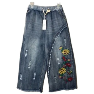 Yesno wide leg cropped loose boho floral embroidered denim jeans size 27 - Picture 1 of 10
