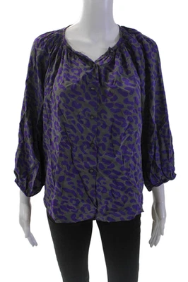 Blusa Top Tucker Mujer Seda Estampado Animal Manga Larga Con Botones Púrpura Talla M Foto 1 de 4